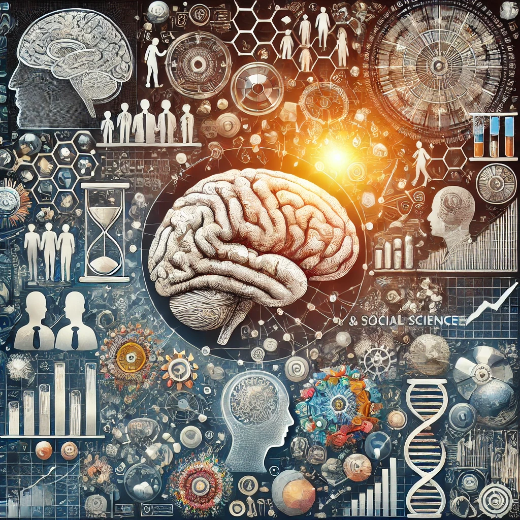 Das Bild stellt eine komplexe und vielschichtige Darstellung von Gehirn- und Sozialwissenschaften dar. Im Zentrum des Bildes ist ein detailliert gezeichnetes menschliches Gehirn zu sehen, das die zentrale Rolle des Gehirns in der Wissenschaft und Forschung symbolisiert. Rund um das Gehirn sind verschiedene Symbole und Illustrationen angeordnet, die Aspekte der Neurowissenschaften, Psychologie und Sozialwissenschaften darstellen.

Links oben ist eine Zeichnung eines Gehirns in einem Kopfprofil zu sehen, zusammen mit Illustrationen von Menschen in verschiedenen Interaktionen und sozialen Kontexten. Eine Sanduhr in der Nähe symbolisiert möglicherweise die Zeit oder den Alterungsprozess in der Forschung. Darunter befinden sich Diagramme, die statistische Daten und Graphen darstellen, die in der Sozialforschung verwendet werden.

Rechts oben ist ein großer Kreis, der wie ein mechanisches oder astronomisches Gerät aussieht, das möglicherweise die Komplexität und Präzision der wissenschaftlichen Methoden symbolisiert. Es gibt auch Reagenzgläser mit bunten Flüssigkeiten, die auf Laborexperimente hinweisen.

In der unteren Hälfte des Bildes sind verschiedene Symbole der Biologie und Genetik, wie eine DNA-Doppelhelix, wissenschaftliche Diagramme und Zellen, dargestellt. Grafiken, Diagramme und wissenschaftliche Illustrationen verdeutlichen den analytischen und empirischen Ansatz der Sozial- und Neurowissenschaften.

Das gesamte Bild kombiniert künstlerische und wissenschaftliche Elemente, um die Vielfalt und Interdisziplinarität der Gehirn- und Sozialwissenschaften darzustellen. Es vermittelt die Idee, dass die Erforschung des menschlichen Geistes und sozialen Verhaltens ein komplexes und vielschichtiges Feld ist, das sowohl präzise wissenschaftliche Methoden als auch tiefes Verständnis erfordert.