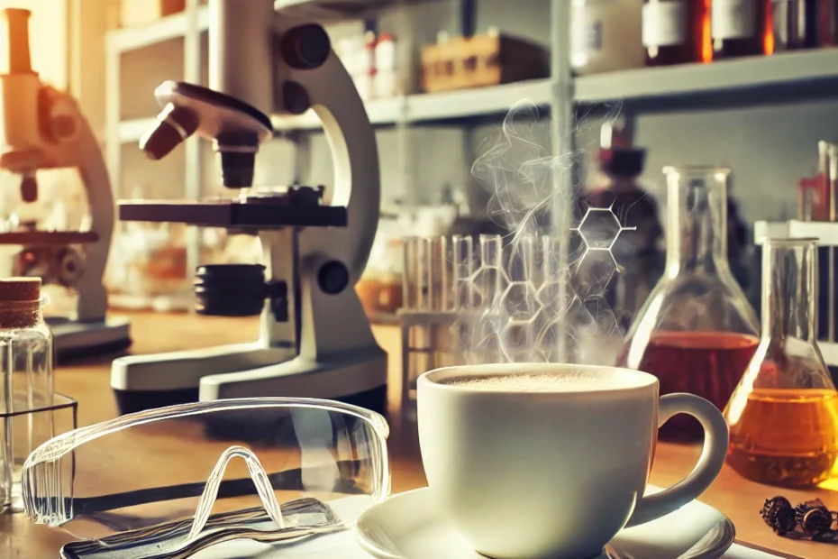 Das Bild zeigt eine warme, leicht chaotische Szene in einem Labor. Im Mittelpunkt steht eine dampfende Kaffeetasse, die auf einem Labortisch platziert ist. Der Tisch ist umgeben von verschiedenen wissenschaftlichen Geräten, darunter Bechergläser, Reagenzgläser, ein Mikroskop und chemische Flaschen. Neben der Kaffeetasse liegen verstreute Notizen, eine Schutzbrille und ein Stift. Im Hintergrund sind Regale zu sehen, die mit Labormaterialien und Chemikalien gefüllt sind. Die Beleuchtung ist weich und verleiht der Szene eine gemütliche, aber konzentrierte Atmosphäre.