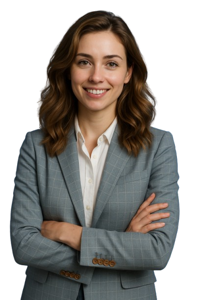 Das Bild zeigt eine junge Frau in einem wissenschaftlich-professionellen Kontext. Sie trägt einen hellblauen karierten Blazer mit einem weißen Hemd, was Seriosität und Kompetenz vermittelt. Ihr Auftreten ist selbstbewusst – sie steht mit verschränkten Armen vor einem einfarbig blauen Hintergrund, der neutral und zugleich seriös wirkt. Die gesamte Darstellung folgt einer wissenschaftlich nüchternen Bildsprache: klar, symmetrisch, sachlich. Das Licht ist gleichmäßig verteilt und betont die Gesichtszüge der Frau auf natürliche Weise, was der fotorealistischen Darstellung zusätzlichen Ausdruck verleiht.