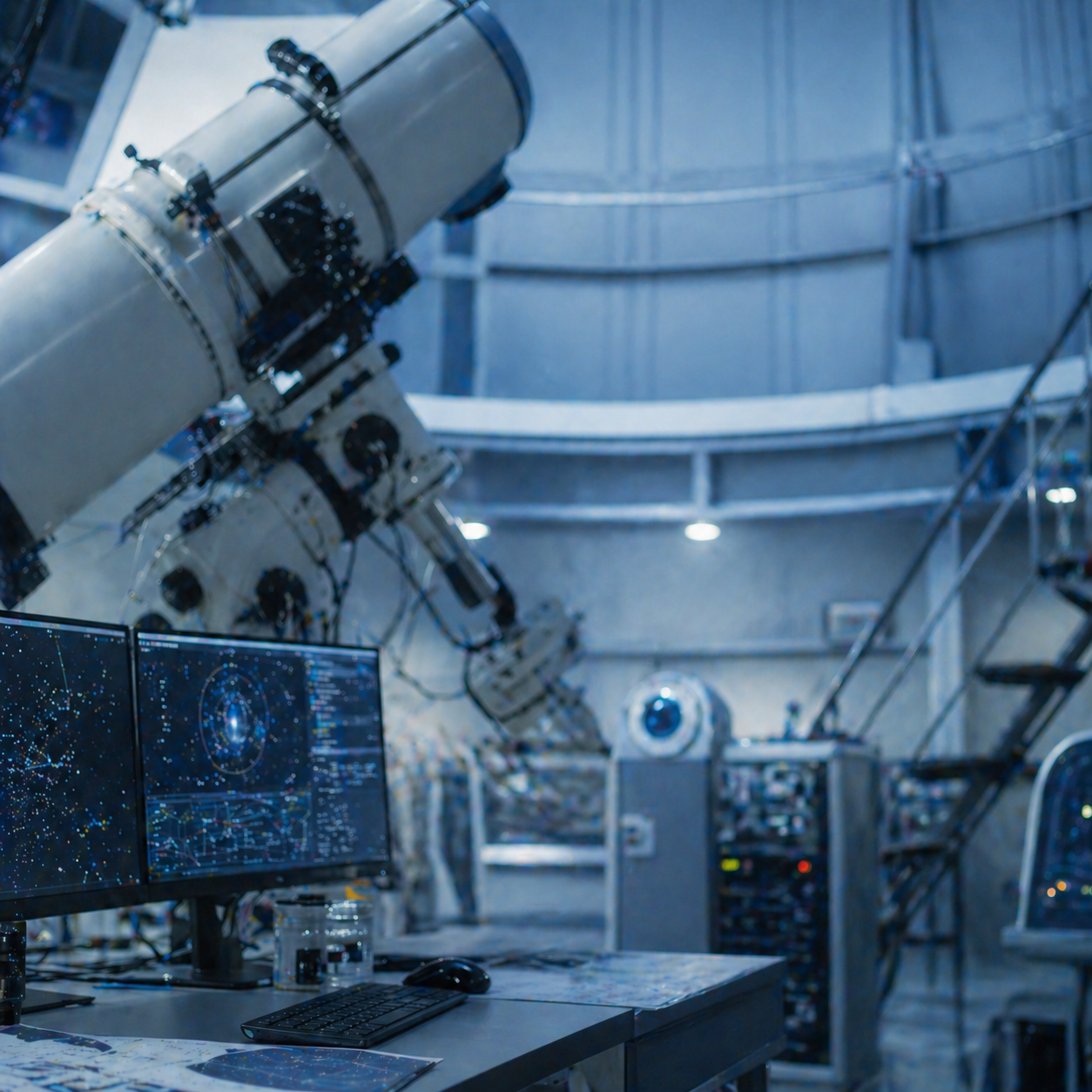 Das Bild zeigt den Innenraum einer großen astronomischen Beobachtungsanlage, vermutlich eines Observatoriums. Im Zentrum des Bildes befindet sich ein massives, technisch komplexes Teleskop mit einem langen, zylindrischen Tubus. Das Teleskop ist auf einer stabilen Montierung befestigt und lässt sich über mehrere Achsen drehen, um verschiedene Bereiche des Himmels zu beobachten. Zahlreiche Kabel, Halterungen und mechanische Bauteile sind sichtbar und unterstreichen den hochpräzisen technischen Aufbau.
Im Vordergrund steht ein Arbeitstisch mit mehreren Bildschirmen. Auf den Bildschirmen sind digitale Darstellungen des Sternenhimmels zu sehen, darunter Sternkarten, Punktewolken und kreisförmige Markierungen, die auf astronomische Software zur Himmelsbeobachtung oder Datenanalyse hinweisen. Auf dem Tisch liegen zudem gedruckte Karten oder Pläne, eine Computertastatur und eine Maus, was auf die Auswertung und Steuerung der Beobachtungen hindeutet.
Der Hintergrund zeigt den Innenraum einer kuppelförmigen Struktur, wie sie typisch für Observatorien ist. Die Wände bestehen aus metallischen, gebogenen Elementen, die den Raum um das Teleskop bilden. Weitere technische Geräte, Steuerkästen und Messinstrumente sind im Raum verteilt und unterstützen den Betrieb der Anlage.
Die Farbgebung des Bildes wird von kühlen Blau- und Grautönen dominiert. Diese tragen zu einer sachlichen, technischen Atmosphäre bei und betonen den wissenschaftlichen Charakter der Umgebung. Die Beleuchtung ist gleichmäßig und funktional, sodass sowohl die technischen Geräte als auch die Arbeitsplätze gut sichtbar sind.
Insgesamt vermittelt das Bild den Bereich Astronomie und Raumfahrt als hochtechnisches Forschungsfeld. Es zeigt die Verbindung von präziser Instrumententechnik, digitaler Datenanalyse und der systematischen Erforschung des Weltalls, insbesondere im Zusammenhang mit Himmelsbeobachtung und wissenschaftlicher Raumforschung.