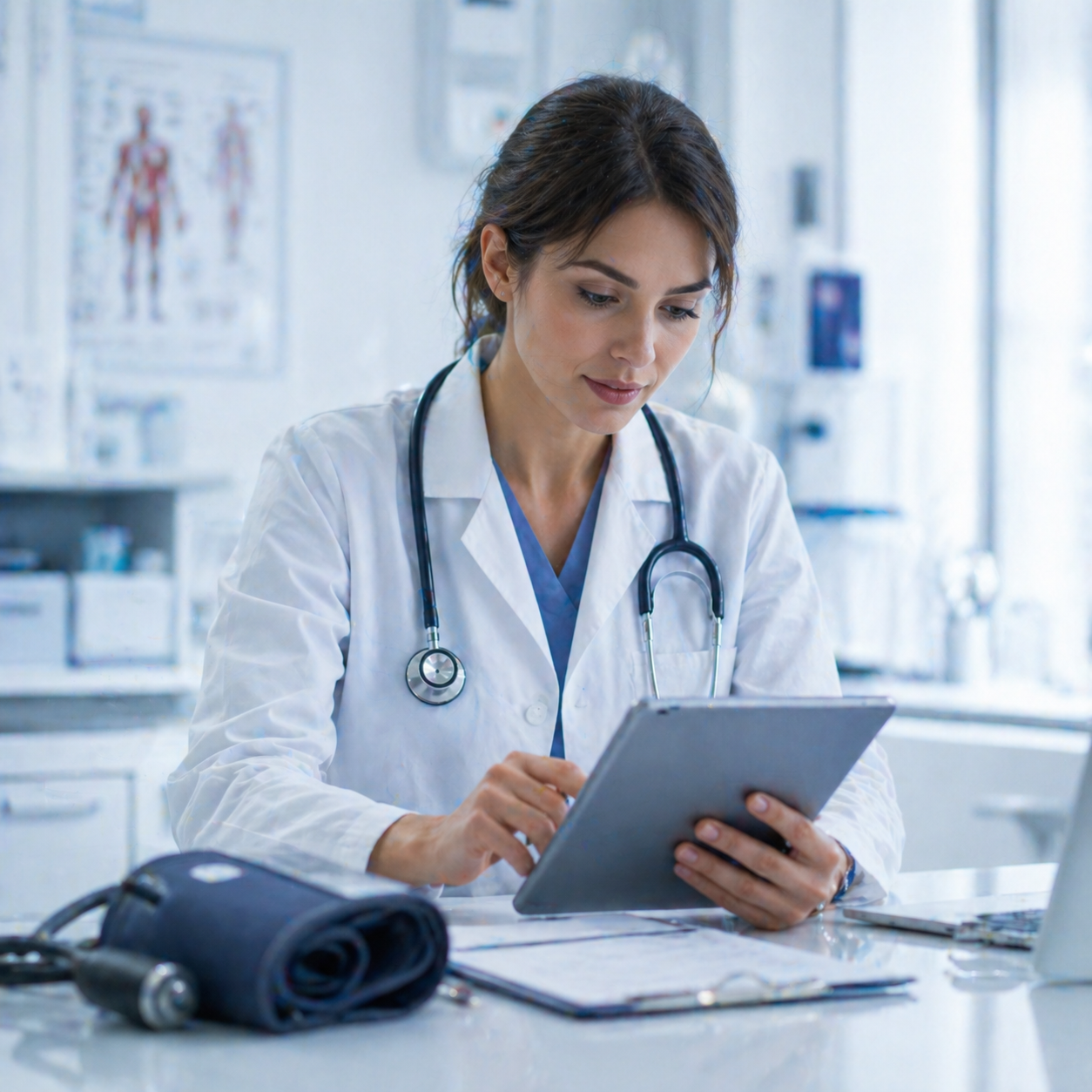 Das Bild zeigt eine Person in einer medizinischen Arbeitsumgebung an einem hellen Schreibtisch. Die Person trägt einen weißen Kittel, darunter medizinische Arbeitskleidung, sowie ein Stethoskop um den Hals. Auf dem Tisch liegen medizinische Unterlagen und ein Blutdruckmessgerät mit Manschette und Messgerät.
Im Mittelpunkt der Szene hält die Person ein Tablet in beiden Händen und bedient es mit einem Finger. Das Tablet wird offensichtlich zur digitalen Dokumentation oder zum Abrufen von Informationen genutzt. Neben dem Tablet befindet sich ein Klemmbrett mit Papier, was auf die Kombination aus digitaler und papierbasierter Dokumentation im medizinischen Alltag hinweist.
Der Hintergrund zeigt einen sauberen, hellen Raum mit medizinischen Möbeln und Wandtafeln. Auf einer der Tafeln sind schematische Darstellungen des menschlichen Körpers zu erkennen, wie sie häufig in Arztpraxen oder klinischen Behandlungsräumen verwendet werden. Die Einrichtung wirkt modern und funktional.
Die Farbgebung ist überwiegend hell und kühl, mit Weiß-, Blau- und Grautönen, was typisch für medizinische Umgebungen ist. Die Anordnung der Gegenstände und die Nutzung moderner Technik verdeutlichen den Zusammenhang zwischen medizinischer Versorgung, Diagnostik und digitaler Unterstützung.
Insgesamt stellt das Bild den Bereich Gesundheit und Medizin dar, insbesondere den Einsatz moderner Technik im klinischen Arbeitsalltag zur Untersuchung, Dokumentation und Organisation von Patientendaten.