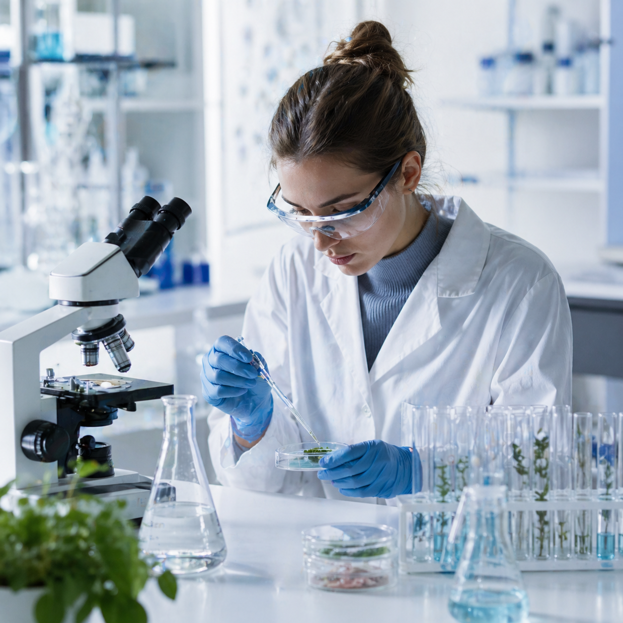 Das Bild zeigt eine Person in einer modernen Laborumgebung bei einer naturwissenschaftlichen Untersuchung. Die Person trägt einen weißen Laborkittel, blaue Einweghandschuhe und eine transparente Schutzbrille, was auf sicheres Arbeiten im Labor hinweist. Der Arbeitsbereich ist hell ausgeleuchtet und wirkt sauber sowie gut organisiert.
Im Vordergrund befindet sich ein Labortisch mit verschiedenen Arbeitsmaterialien. Die Person hält eine Pipette in der Hand und gibt vorsichtig eine Flüssigkeit in eine flache Petrischale. In der Petrischale sind grüne Pflanzenteile oder Proben erkennbar, was auf ein biologisches oder biochemisches Experiment hindeutet, zum Beispiel im Bereich Pflanzenforschung oder Zellbiologie.
Links im Bild steht ein Mikroskop, das zur genauen Untersuchung von Proben verwendet wird. Daneben befinden sich mehrere Glasgefäße, darunter Erlenmeyerkolben und Bechergläser mit klaren und bläulich gefärbten Flüssigkeiten. Rechts sind Reagenzgläser in einem Ständer angeordnet, teilweise mit Flüssigkeiten und pflanzlichem Material gefüllt. Im Hintergrund sind Regale mit weiteren Laborflaschen und Geräten zu sehen, die den professionellen Charakter des Labors unterstreichen.
Die Farbgestaltung ist überwiegend kühl, mit viel Weiß, Blau und transparentem Glas, was typisch für naturwissenschaftliche Arbeitsräume ist. Insgesamt vermittelt das Bild präzises, kontrolliertes und experimentelles Arbeiten und steht exemplarisch für naturwissenschaftliche Forschung, insbesondere in den Bereichen Biologie, Chemie oder Biotechnologie.