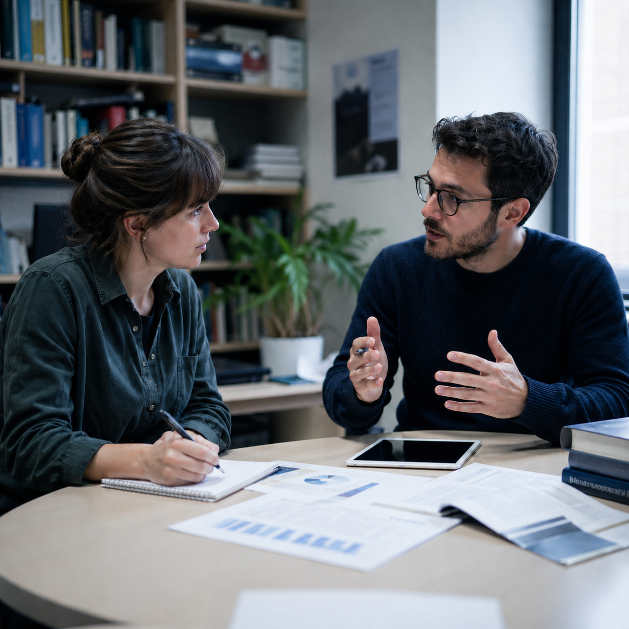 Das Bild zeigt zwei Personen, die an einem runden Tisch in einer ruhigen Arbeitsumgebung zusammensitzen. Der Raum wirkt wie ein Büro, ein Beratungsraum oder ein universitärer Arbeitsbereich. Im Hintergrund sind Regale mit Büchern und Unterlagen zu sehen, was auf eine wissenschaftliche oder akademische Umgebung hinweist. Außerdem befindet sich eine Pflanze im Raum, die zur nüchternen, aber angenehmen Atmosphäre beiträgt.
Auf dem Tisch liegen verschiedene Arbeitsmaterialien, darunter offene Bücher, ausgedruckte Dokumente mit Diagrammen und Texten, ein Notizbuch mit Stift sowie ein Tablet. Eine der Personen macht sich Notizen in einem Heft, während die andere Person mit den Händen gestikuliert, offenbar um Inhalte zu erläutern oder zu diskutieren. Diese Körpersprache deutet auf ein Gespräch oder einen fachlichen Austausch hin.
Die Personen sitzen sich zugewandt gegenüber, was auf Interaktion und Kommunikation hindeutet. Die Kombination aus Gespräch, schriftlichen Notizen und digitalen Geräten zeigt eine strukturierte Arbeitsweise. Die sichtbaren Diagramme und Texte auf den Unterlagen lassen vermuten, dass es um die Auswertung oder Besprechung von Informationen, Daten oder Fallbeispielen geht.
Die Farbgestaltung des Bildes ist zurückhaltend und natürlichen Tönen geprägt, mit Beige, Braun und gedeckten Farben. Das Licht ist gleichmäßig und sachlich, was die konzentrierte Arbeitsatmosphäre unterstützt.
Insgesamt veranschaulicht das Bild zentrale Aspekte der Psychologie und Soziologie: zwischenmenschliche Kommunikation, gemeinsames Arbeiten, Analyse von Informationen sowie Austausch von Perspektiven. Es steht exemplarisch für Beratungsgespräche, soziale Forschung, psychologische Fallbesprechungen oder wissenschaftliche Zusammenarbeit im Bereich der Sozialwissenschaften.