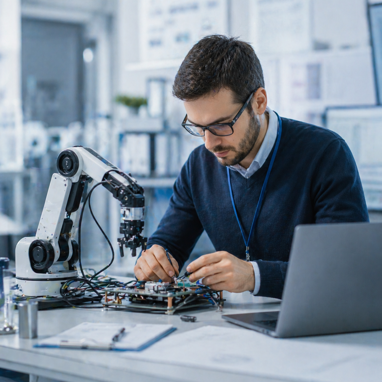 Das Bild zeigt eine Person an einem Arbeitstisch in einer modernen, technisch geprägten Arbeitsumgebung. Auf dem Tisch befindet sich eine elektronische Baugruppe mit offenliegenden Leiterplatten, Kabeln und Komponenten. Die Person arbeitet mit beiden Händen an der Baugruppe und verbindet oder justiert einzelne Elemente mit einem feinen Werkzeug.
Links im Vordergrund steht ein kleiner, industrieller Roboterarm mit mehreren Gelenken und einem Greifmechanismus. Der Roboterarm ist fest auf dem Tisch montiert und über Kabel mit der Elektronik verbunden, was auf Tests oder die Entwicklung eines automatisierten Systems hindeutet.
Rechts auf dem Tisch befindet sich ein aufgeklappter Laptop, der vermutlich zur Programmierung, Steuerung oder Analyse des Systems genutzt wird. Daneben liegen ein Notizblock, ein Stift und weitere technische Kleinteile, die für Entwicklungsarbeit typisch sind.
Der Hintergrund wirkt wie ein Labor oder Innovationszentrum mit viel Glas, hellen Oberflächen und unscharf erkennbaren Geräten oder Arbeitsplätzen. Die Farbgebung ist kühl und sachlich, dominiert von Grau-, Blau- und Weißtönen, was den technischen und professionellen Charakter der Umgebung unterstreicht.
Insgesamt vermittelt das Bild den Prozess technologischer Innovation durch praktische Entwicklungsarbeit. Es zeigt das Zusammenspiel von Elektronik, Robotik und digitaler Steuerung und steht exemplarisch für moderne Ingenieurwissenschaften, Automatisierung und technologische Forschung.