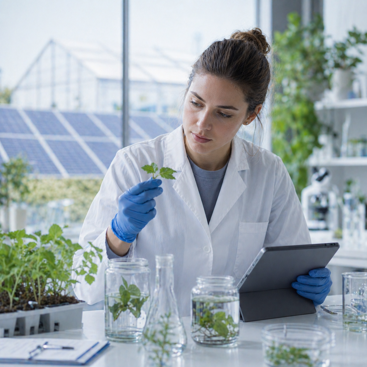 Das Bild zeigt eine Person in einer hellen, modernen Arbeitsumgebung, die sich mit Pflanzenproben beschäftigt. Die Person trägt einen weißen Laborkittel sowie blaue Schutzhandschuhe. In der einen Hand hält die Person ein kleines Pflanzenblatt, das genau betrachtet wird, während in der anderen Hand ein Tablet zu sehen ist, das vermutlich zur Dokumentation oder Datenerfassung genutzt wird.
Auf dem Arbeitstisch befinden sich mehrere Glasgefäße, darunter Einmachgläser und Kolben, die teilweise mit Wasser und grünen Pflanzen oder Stecklingen gefüllt sind. Außerdem sind kleine Pflanzschalen mit jungen Pflanzen sichtbar. Diese Anordnung deutet auf Untersuchungen im Bereich Pflanzenwachstum, Umweltforschung oder nachhaltige Nutzung biologischer Ressourcen hin.
Im Hintergrund ist eine helle Umgebung mit großen Fenstern zu erkennen. Durch die Fenster sind Solarmodule sichtbar, die auf nachhaltige Energiegewinnung hinweisen. Zudem sind weitere Pflanzen und Laborgeräte im Raum verteilt, was den Zusammenhang zwischen Forschung, Natur und moderner Technik verdeutlicht.
Die Farbgestaltung des Bildes ist von Weiß-, Grün- und Blautönen geprägt. Diese Farben unterstreichen den Bezug zu Umwelt, Natur und Nachhaltigkeit. Insgesamt vermittelt das Bild die Verbindung von wissenschaftlicher Arbeit, ökologischem Bewusstsein und nachhaltiger Entwicklung, insbesondere im Bereich Umweltforschung, erneuerbare Energien und verantwortungsvoller Umgang mit natürlichen Ressourcen.